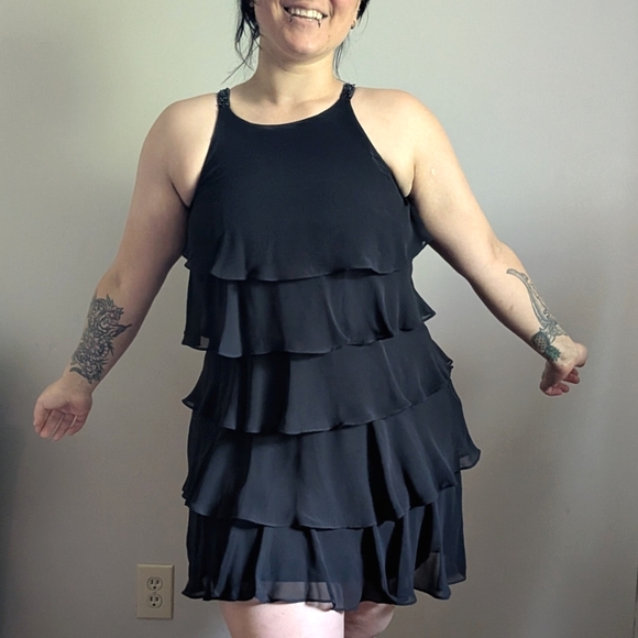 SL Fashions Black Tiered Ruffle High Neck Cocktail Dress - Picture 1 of 15